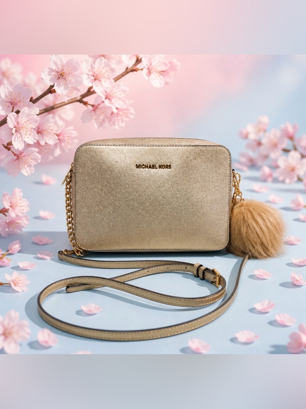 Michael Kors Metallic Gold Crossbody Bag with Pom Pom MK